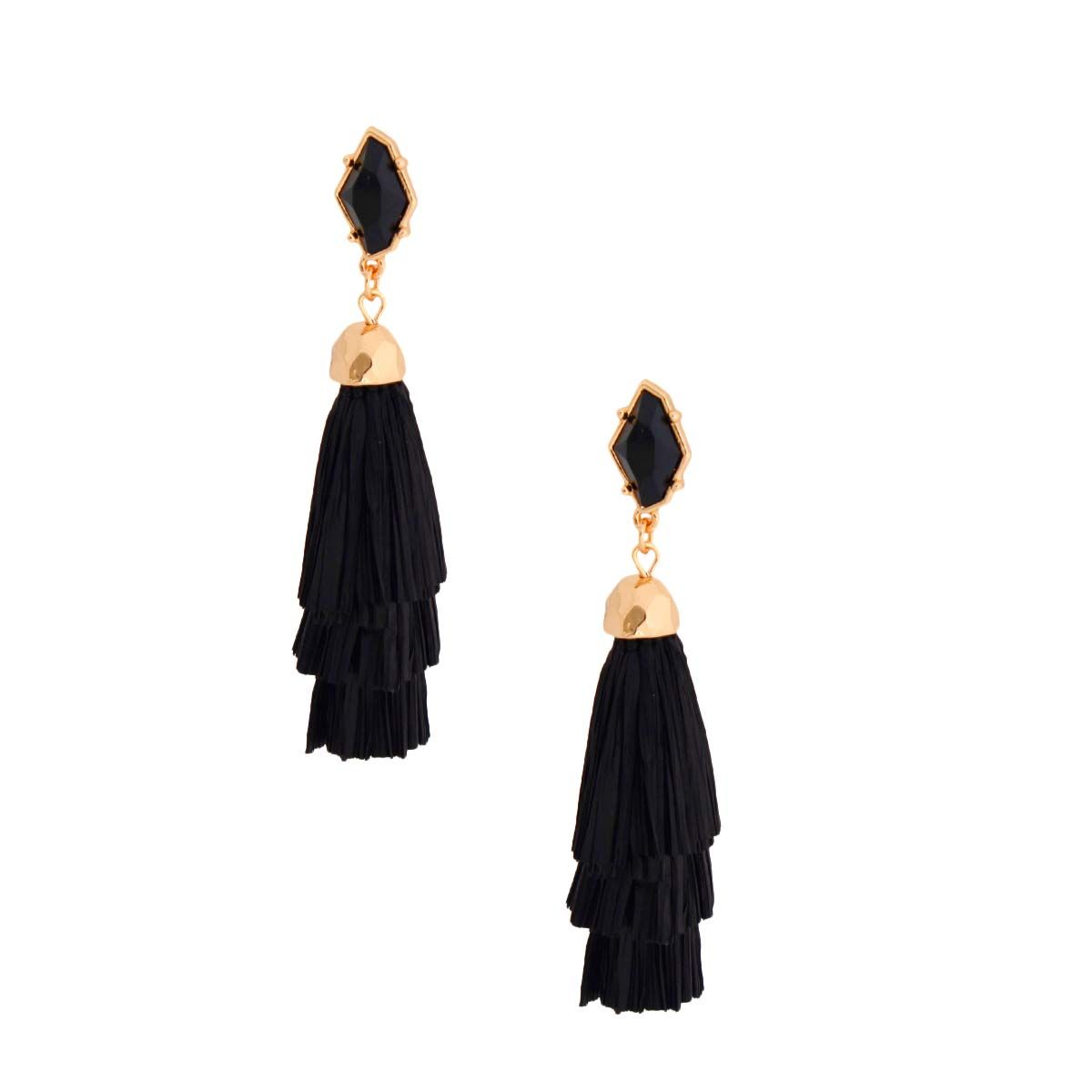 Stacked Tassel Earrings Black Raffia Statement Fashion Jewelry