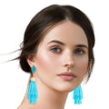 Stacked Tassel Earrings Teal Raffia Stylish Statement Jewelry