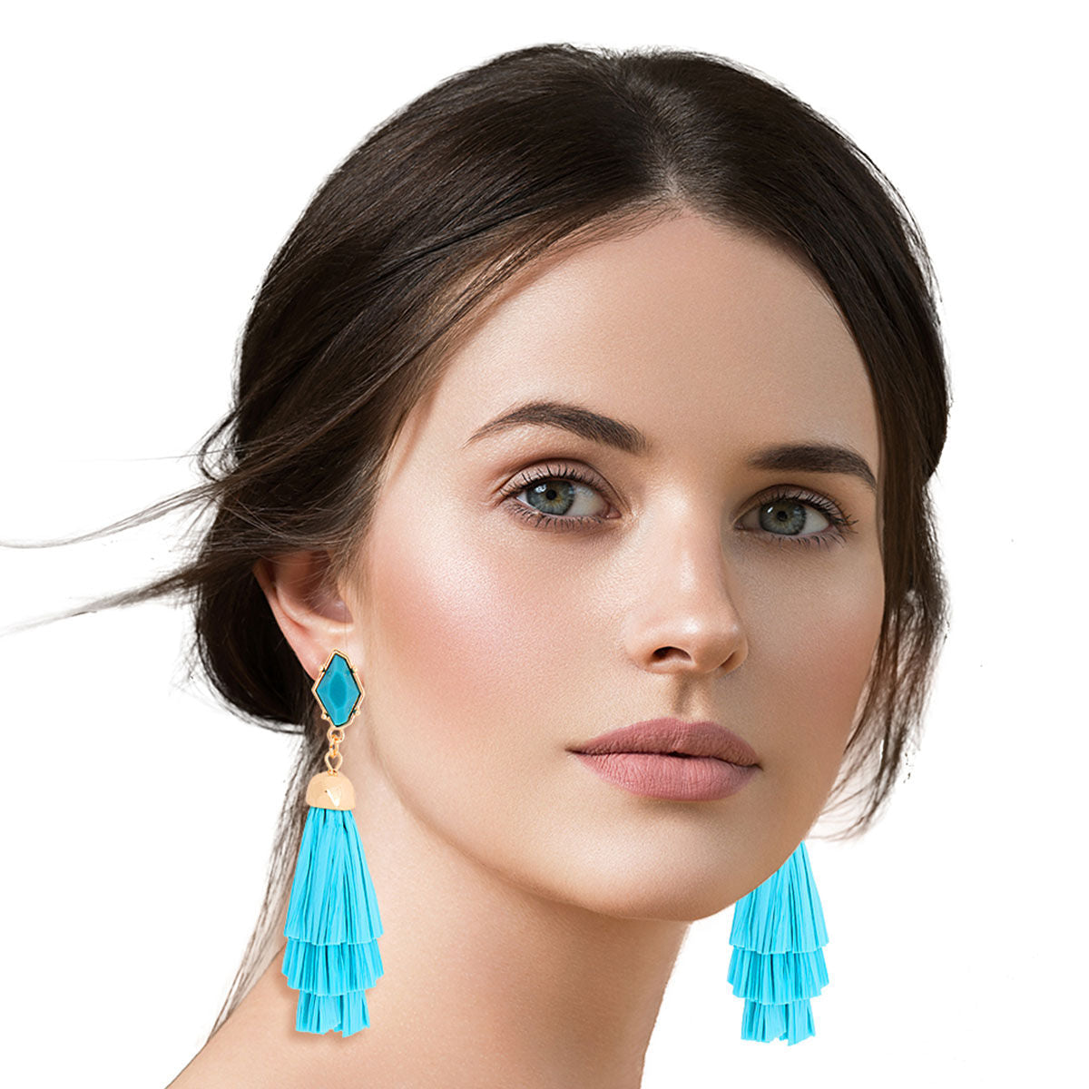 Stacked Tassel Earrings Teal Raffia Stylish Statement Jewelry
