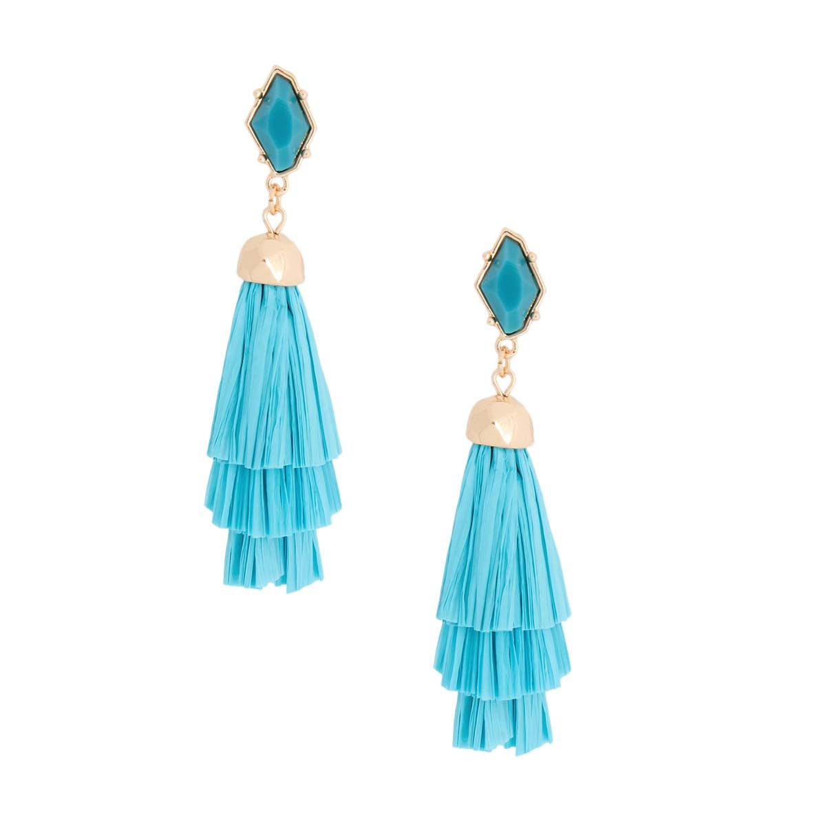 Stacked Tassel Earrings Teal Raffia Stylish Statement Jewelry
