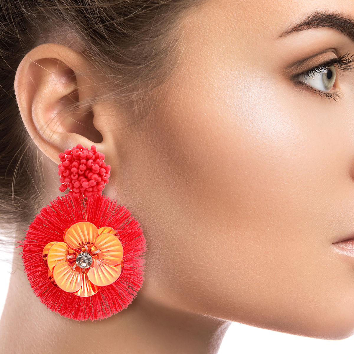 Statement Coral Sequin Flower Tassel Earrings Stylish Chic Jewelry