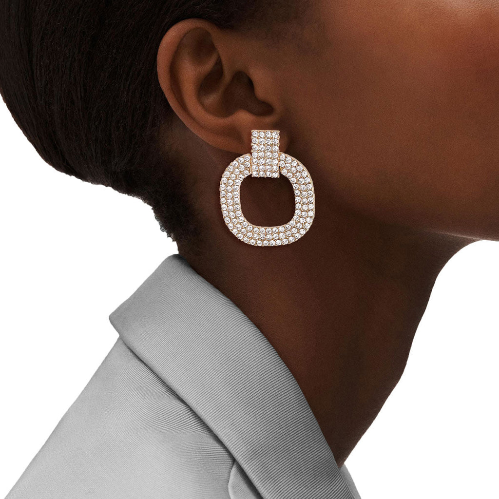 Squared Gold Pave Statement Earrings – Stylish Fashion Jewelry