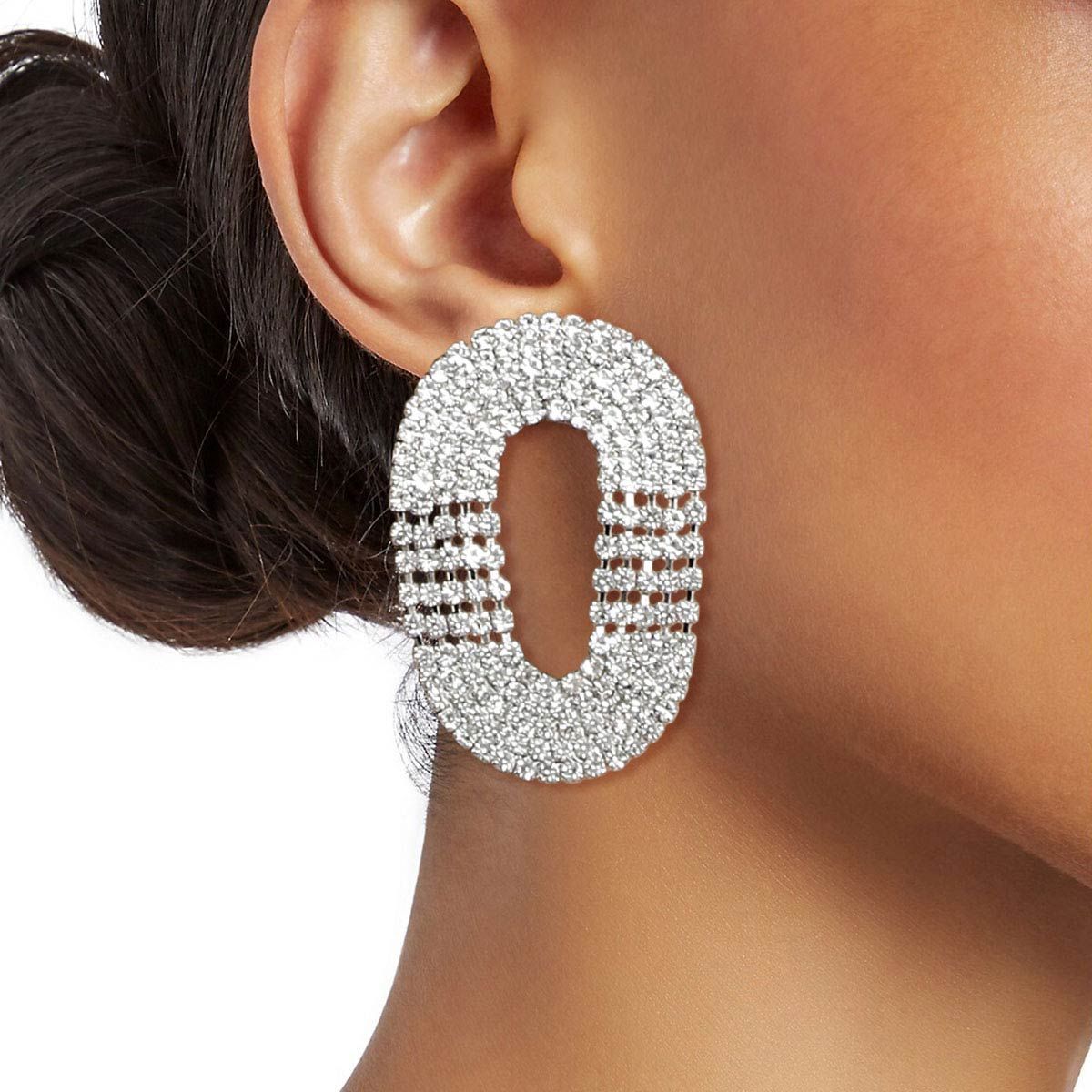 Oval Silver Rhinestone Statement Earrings 5 Line Chic Design