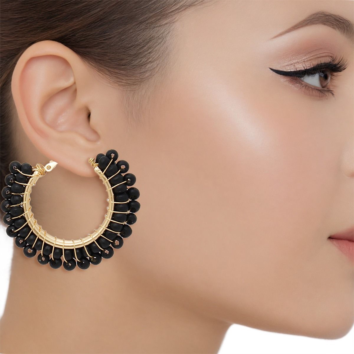 Women’s Hoop Earrings Black Bead Gold Wire Wrapped Stylish Statement Jewelry