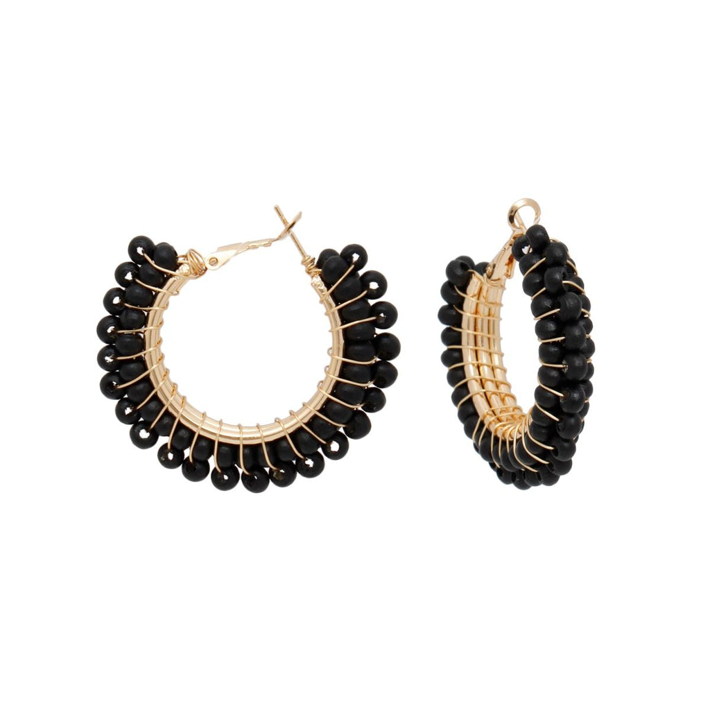 Women’s Hoop Earrings Black Bead Gold Wire Wrapped Stylish Statement Jewelry
