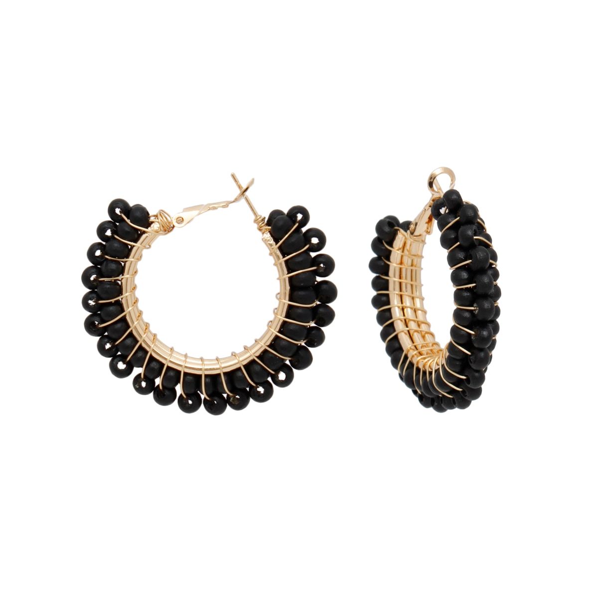 Women’s Hoop Earrings Black Bead Gold Wire Wrapped Stylish Statement Jewelry