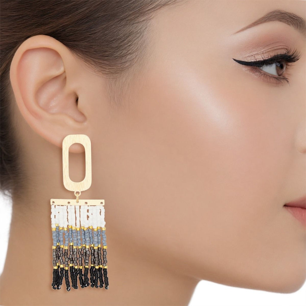 Seed Bead Rectangle Tassel Earrings White to Black Stylish Statement Jewelry