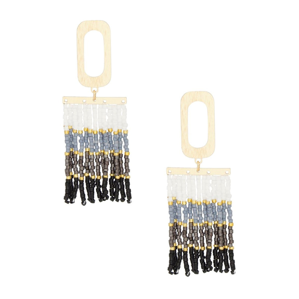 Seed Bead Rectangle Tassel Earrings White to Black Stylish Statement Jewelry