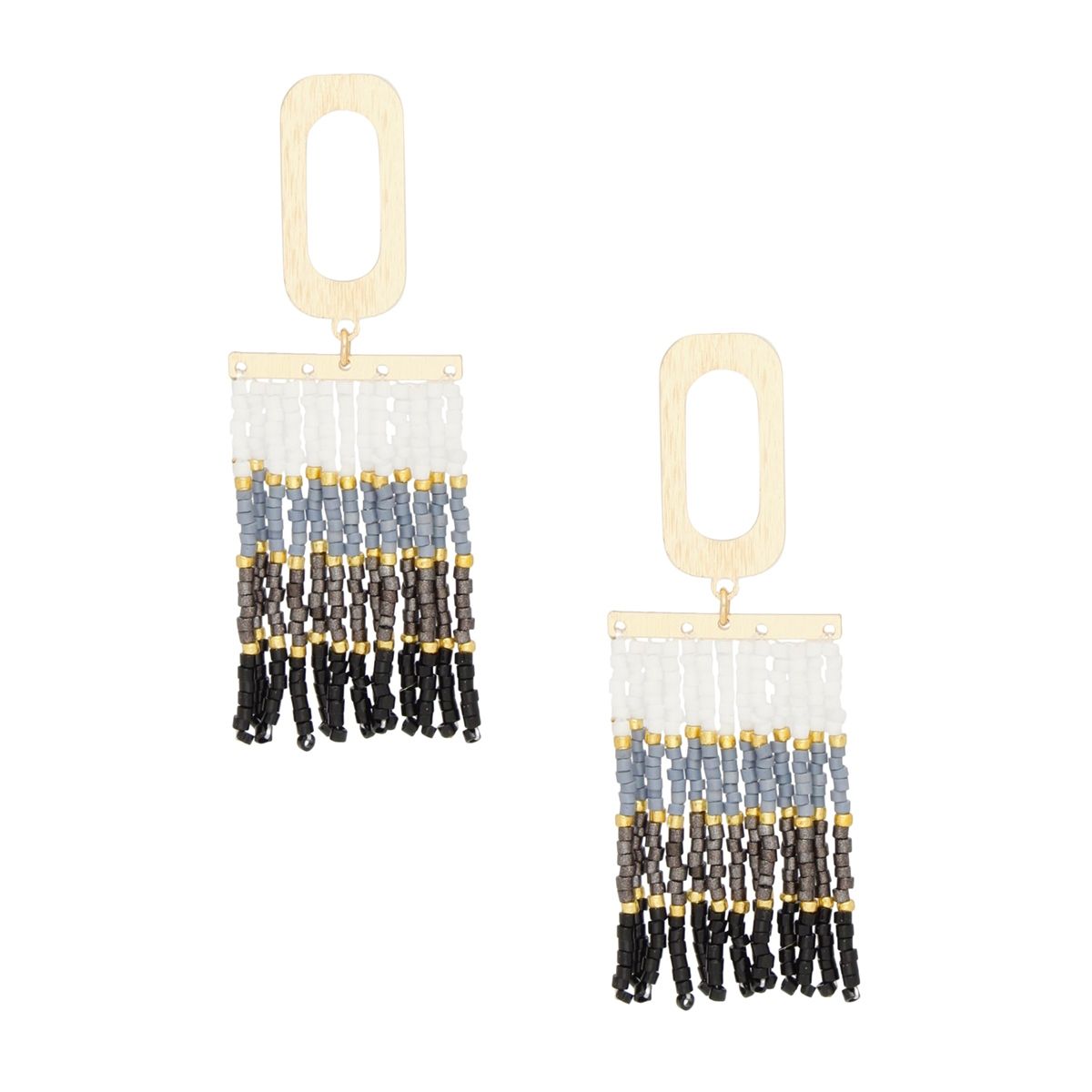 Seed Bead Rectangle Tassel Earrings White to Black Stylish Statement Jewelry