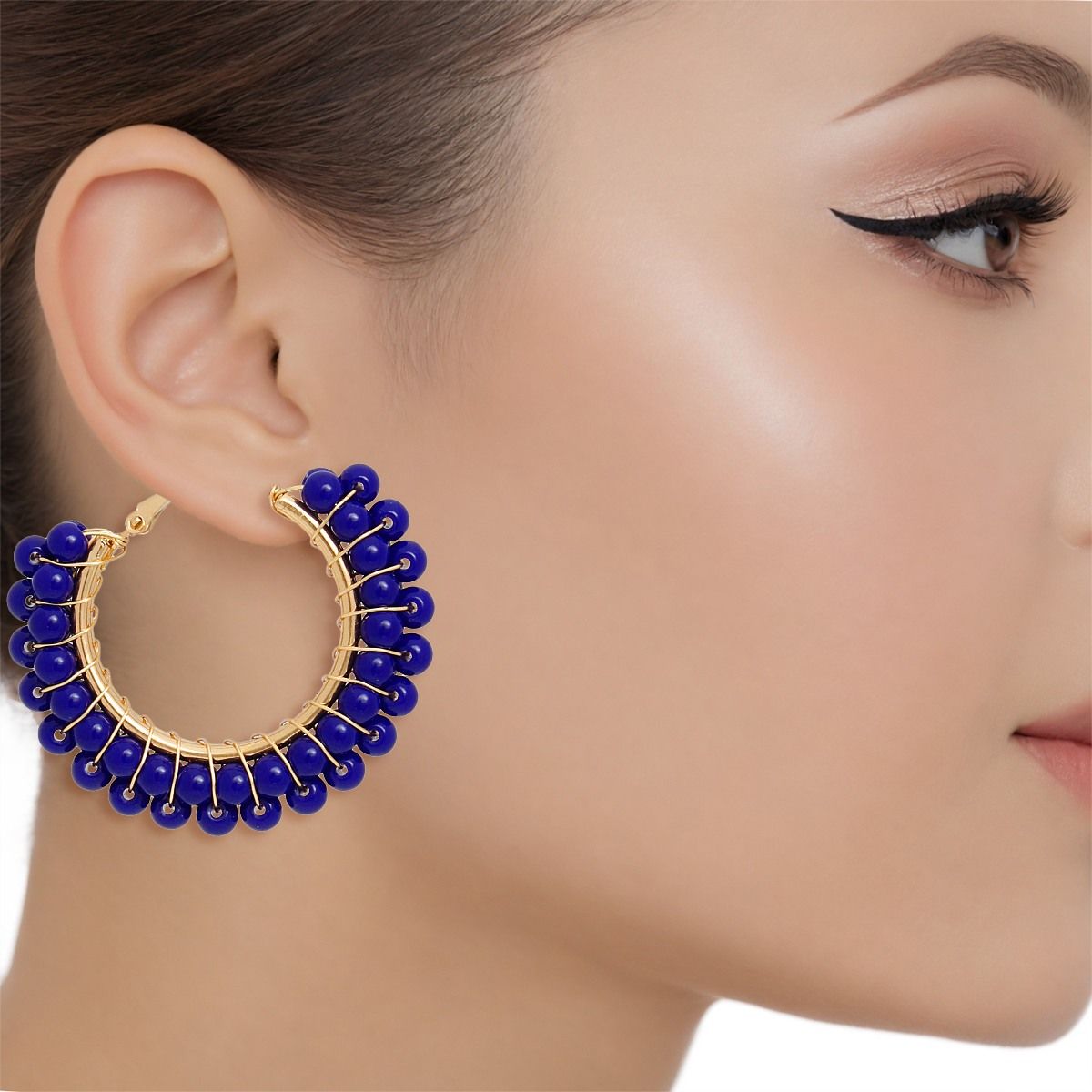 Women’s Hoop Earrings Blue Bead Gold Wire Wrapped Stylish Jewelry