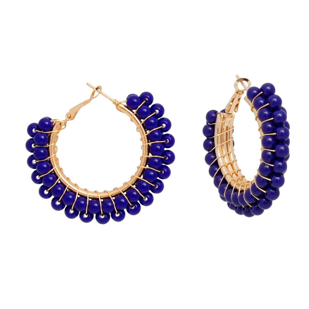 Women’s Hoop Earrings Blue Bead Gold Wire Wrapped Stylish Jewelry