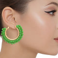 Statement Hoop Earrings Sage Green Beads Gold Wire Wrapped Stylish Chic Jewelry