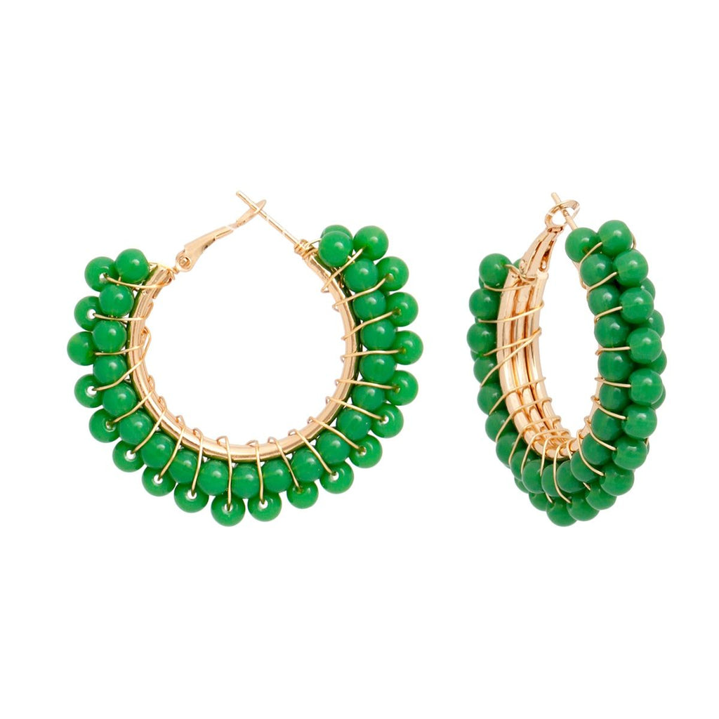 Statement Hoop Earrings Sage Green Beads Gold Wire Wrapped Stylish Chic Jewelry