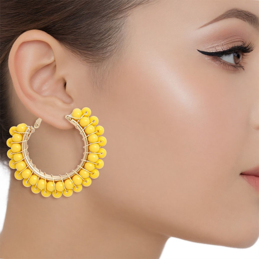Women’s Hoop Earrings Yellow Bead Gold Wire Wrapped Stylish Statement Jewelry