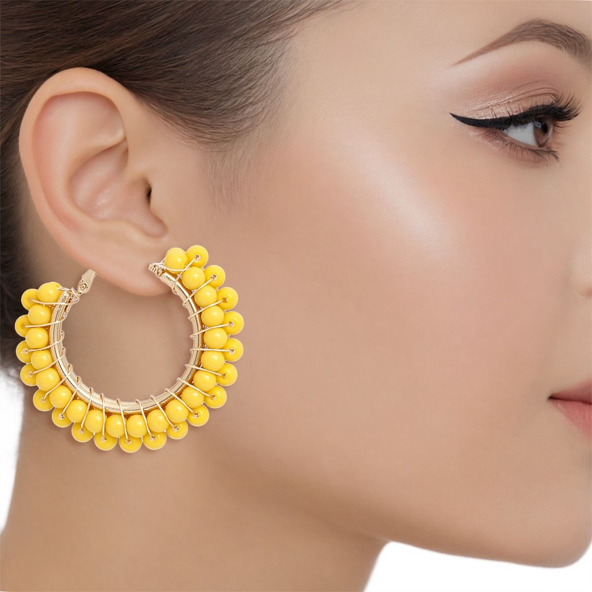 Women’s Hoop Earrings Yellow Bead Gold Wire Wrapped Stylish Statement Jewelry