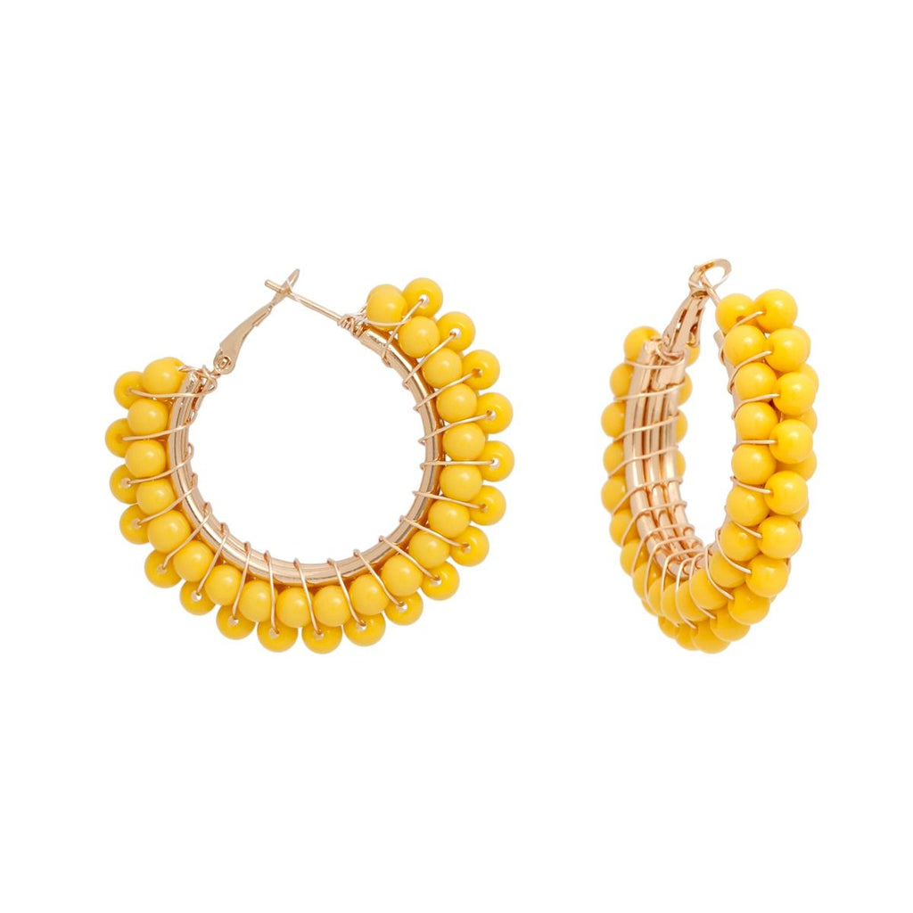 Women’s Hoop Earrings Yellow Bead Gold Wire Wrapped Stylish Statement Jewelry