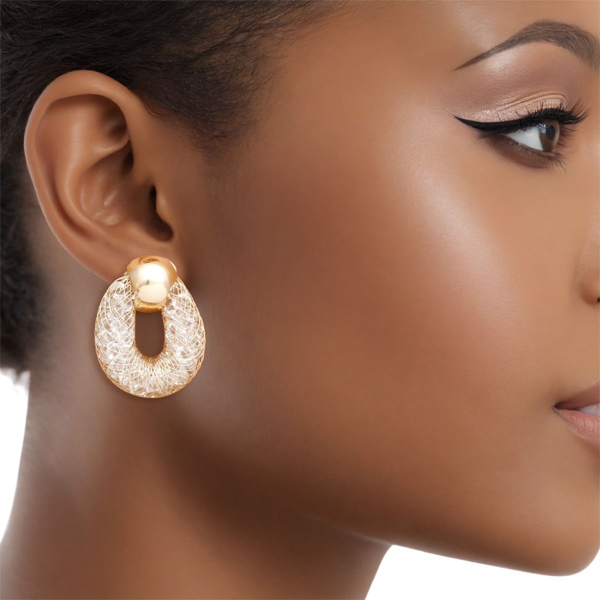 Gold Mesh Rhinestone Stud Earrings for Women – Stylish Fashion Jewelry