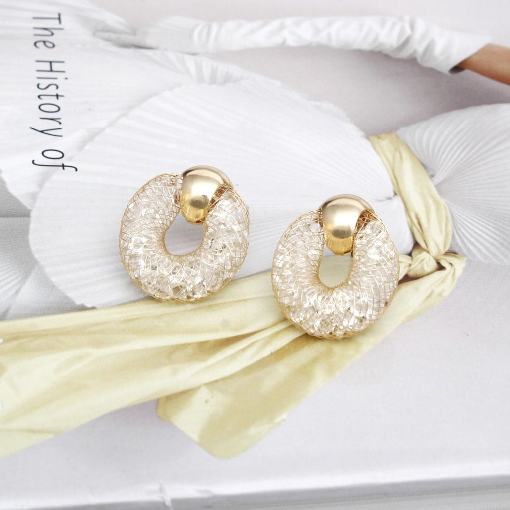 Gold Mesh Rhinestone Stud Earrings for Women – Stylish Fashion Jewelry