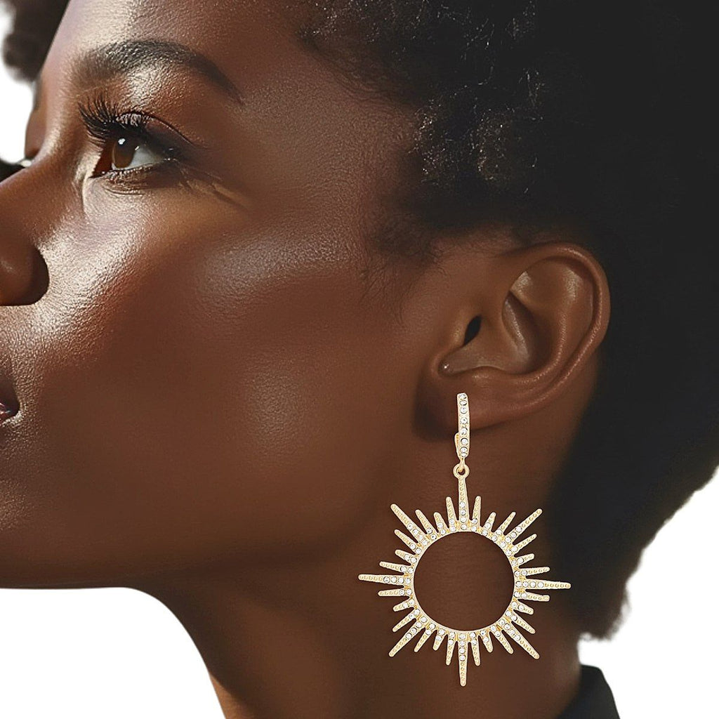 Open Hoop Drop Earrings with Gold Sunburst Rhinestone Detail, Stylish Statement Jewelry