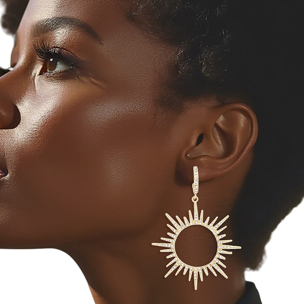 Open Hoop Drop Earrings with Gold Sunburst Rhinestone Detail, Stylish Statement Jewelry