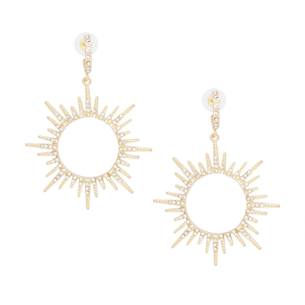 Open Hoop Drop Earrings with Gold Sunburst Rhinestone Detail, Stylish Statement Jewelry