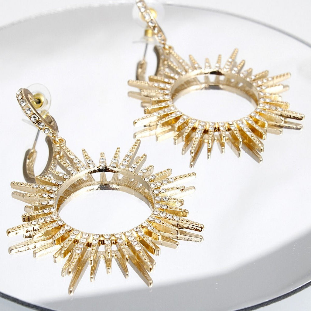 Open Hoop Drop Earrings with Gold Sunburst Rhinestone Detail, Stylish Statement Jewelry