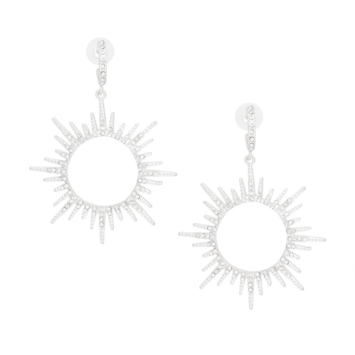 Silver Drop Hoop Earrings with Sunburst Rhinestone Detail – Stylish Statement Jewelry