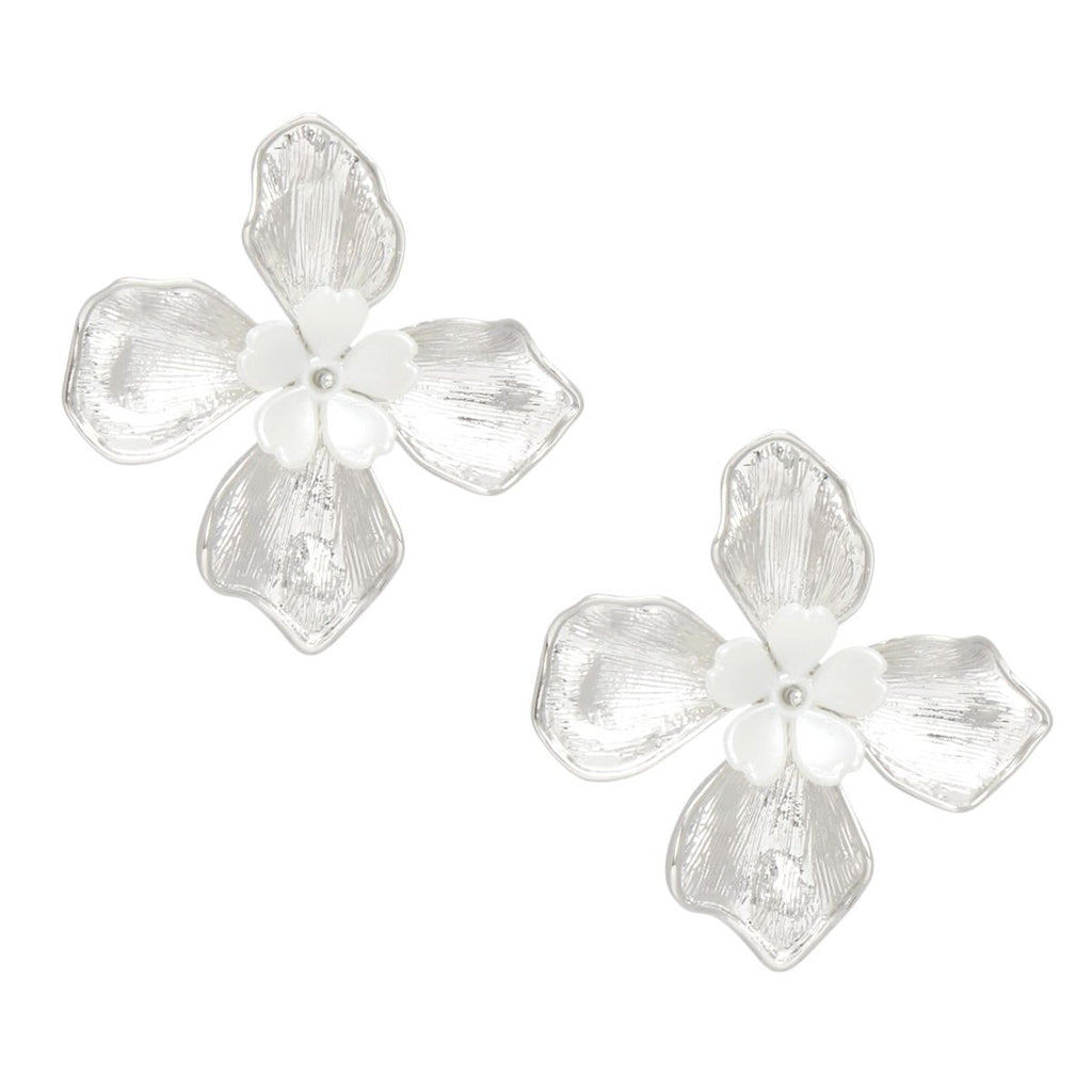 Silver Pearl Layered Petal Flower Stud Earrings – Stylish Statement Jewelry