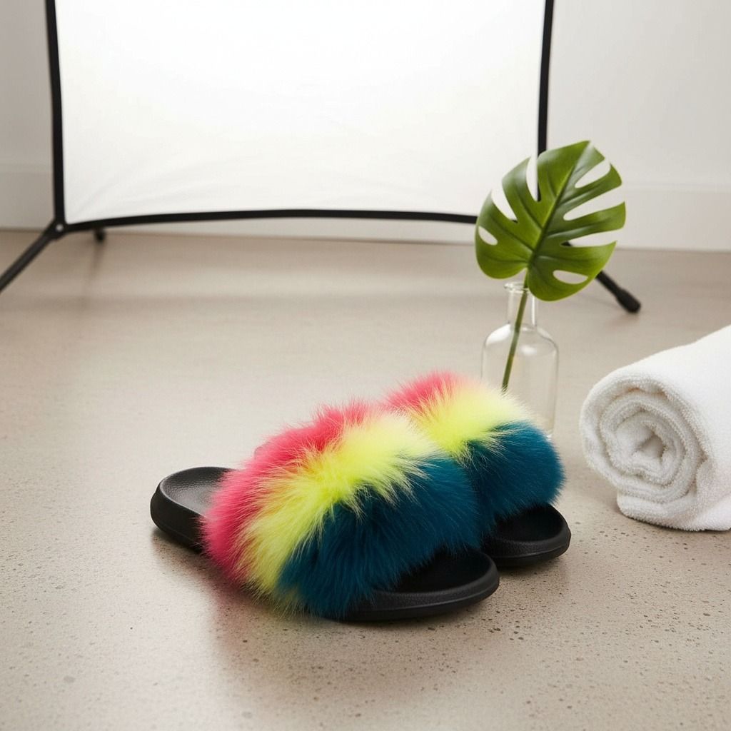 Large Fox Fur Slippers in Coral and Green – Trendy Lounge Footwear