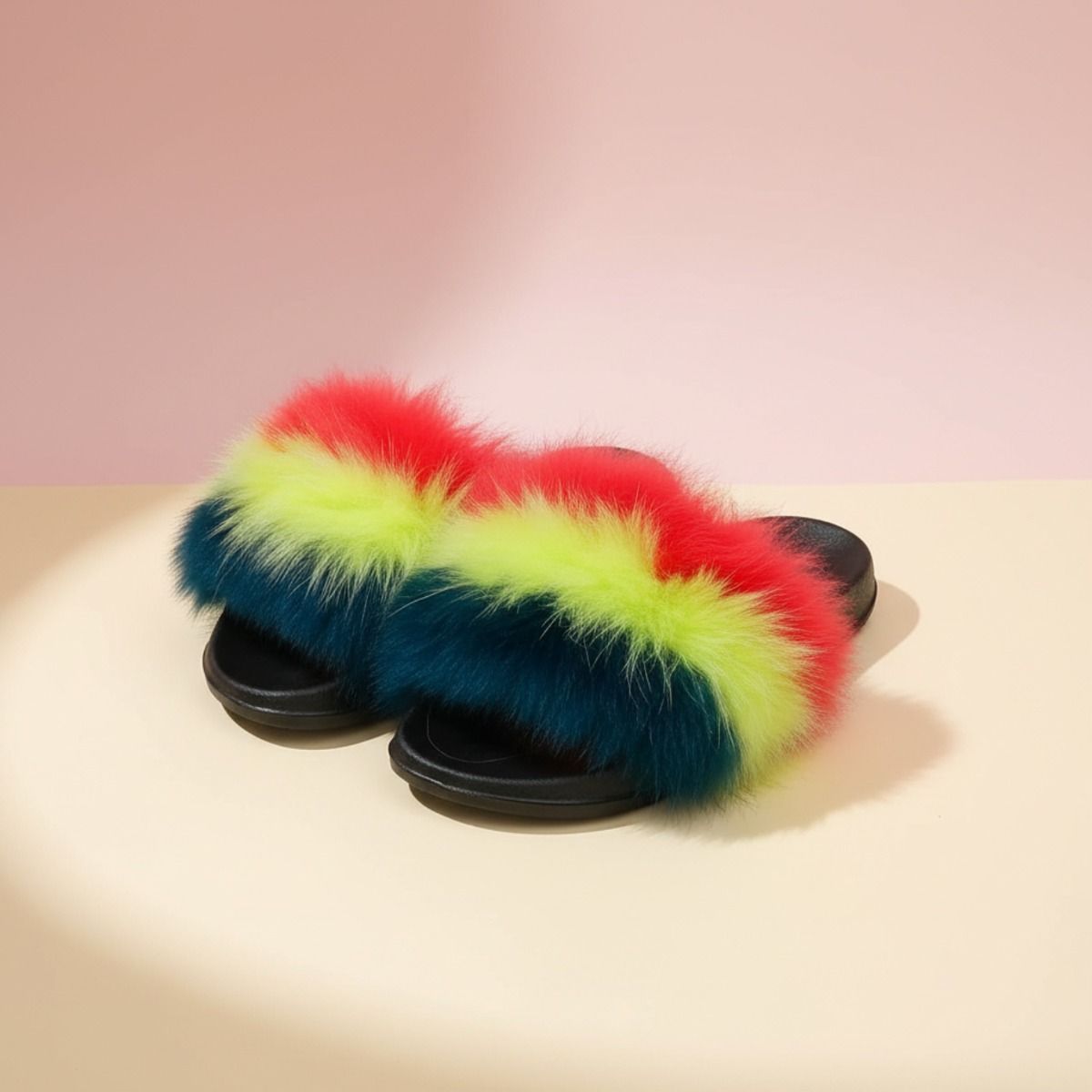 Large Fox Fur Slippers in Coral and Green – Trendy Lounge Footwear