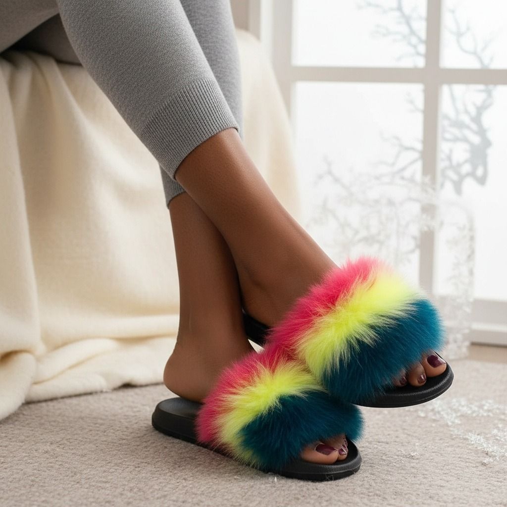 Large Fox Fur Slippers in Coral and Green – Trendy Lounge Footwear