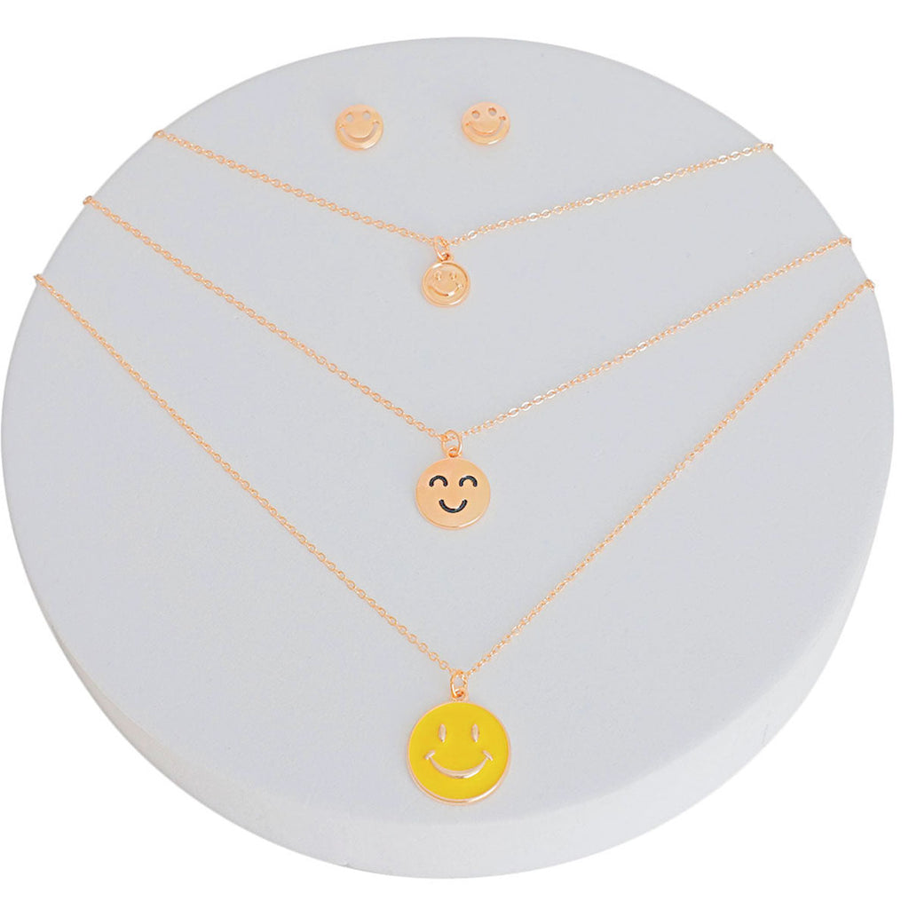 Layered Gold 3-Layer Yellow Smiley Face Necklace Set – Trendy Statement Jewelry