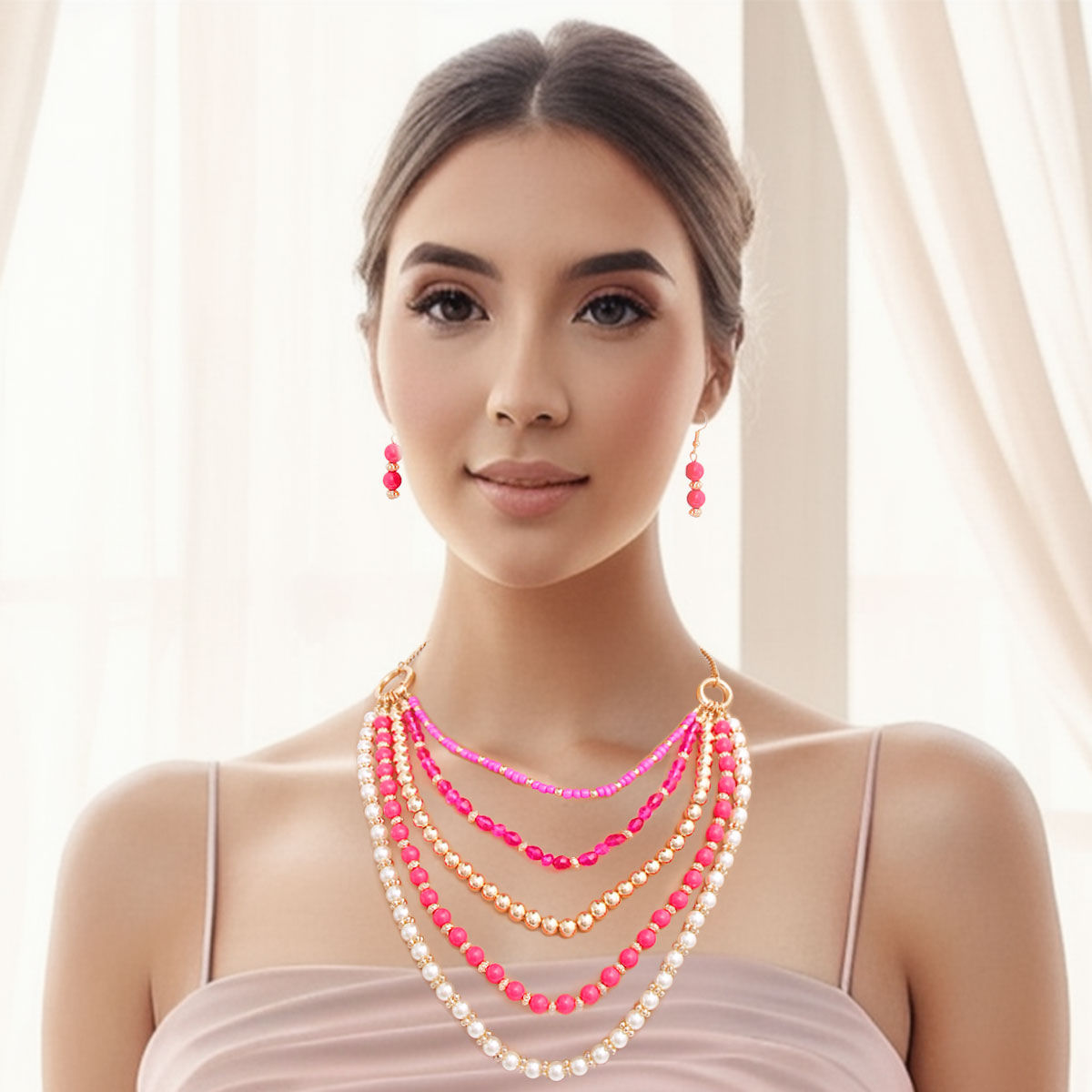 Pearl Necklace Set with Fuchsia Beads Stylish Statement Jewelry