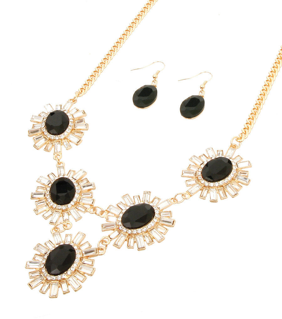 Pendant Necklace Set Black Flower Stylish Statement Jewelry
