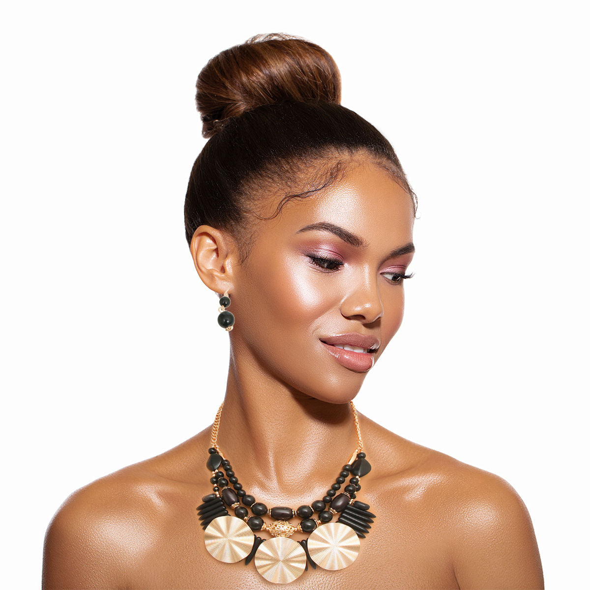 Statement Jewelry Set with Black Acrylic Beads and Gold Accents