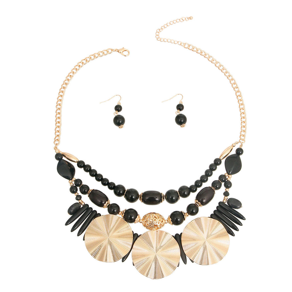 Statement Jewelry Set with Black Acrylic Beads and Gold Accents