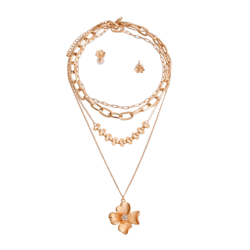 Layered Gold Chain Necklace with Flower Pendant – Stylish Statement Jewelry