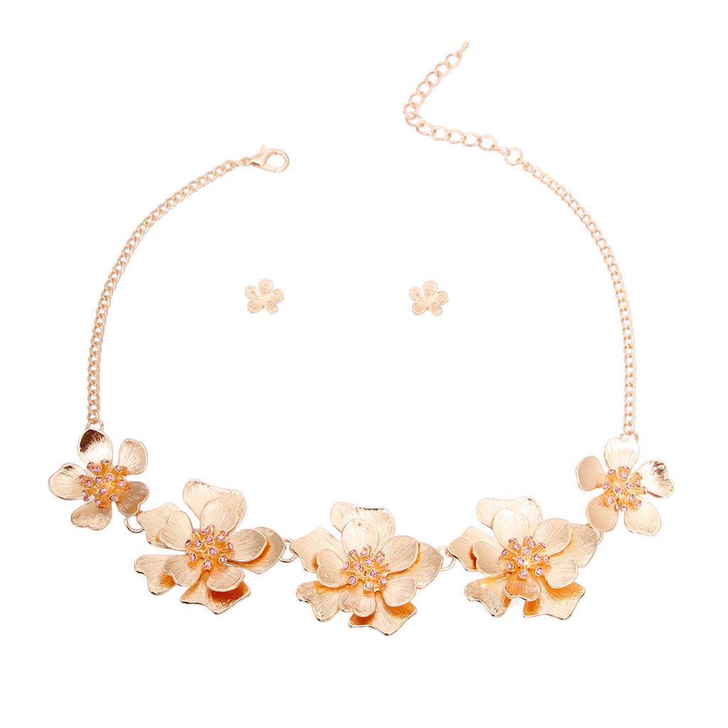 Statement Collar Necklace with Gold Metal and Pink Flower Detail