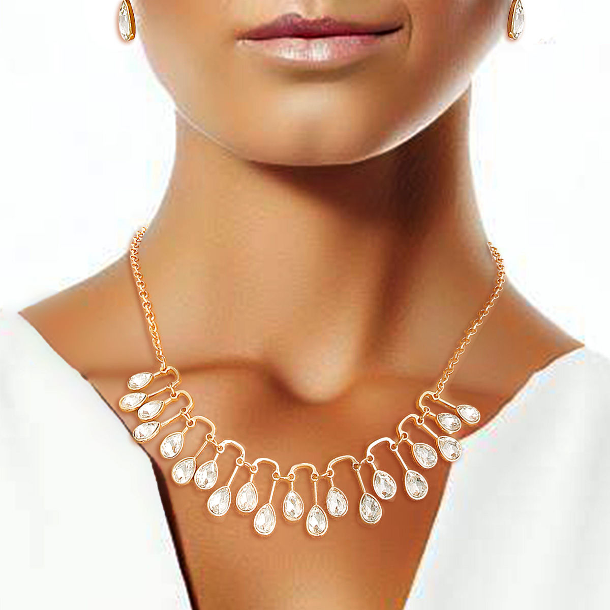 Statement Gold Pear Crystal U Link Necklace Stylish Chic Jewelry Accessory