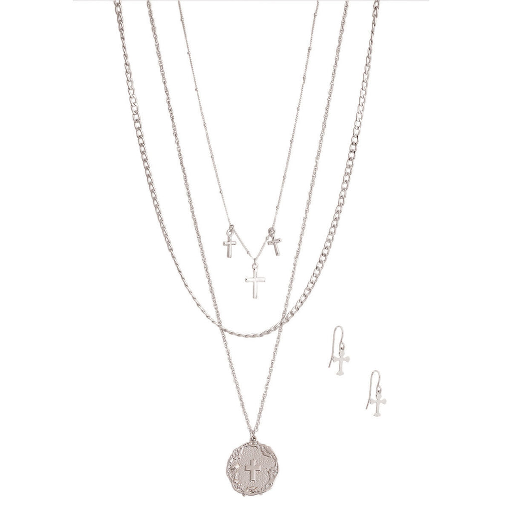 Layered Silver Religious Cross Chain Necklace Stylish Statement Jewelry