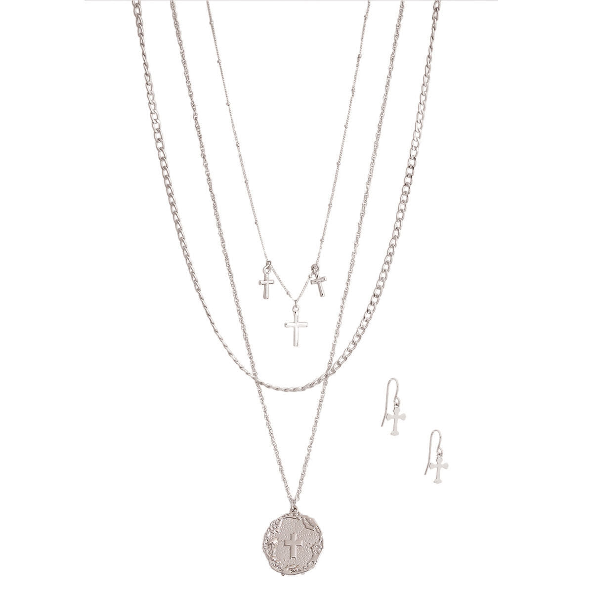 Layered Silver Religious Cross Chain Necklace Stylish Statement Jewelry