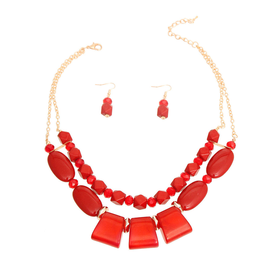 Layered Double Necklace Set Wine Red Stylish Statement Jewelry