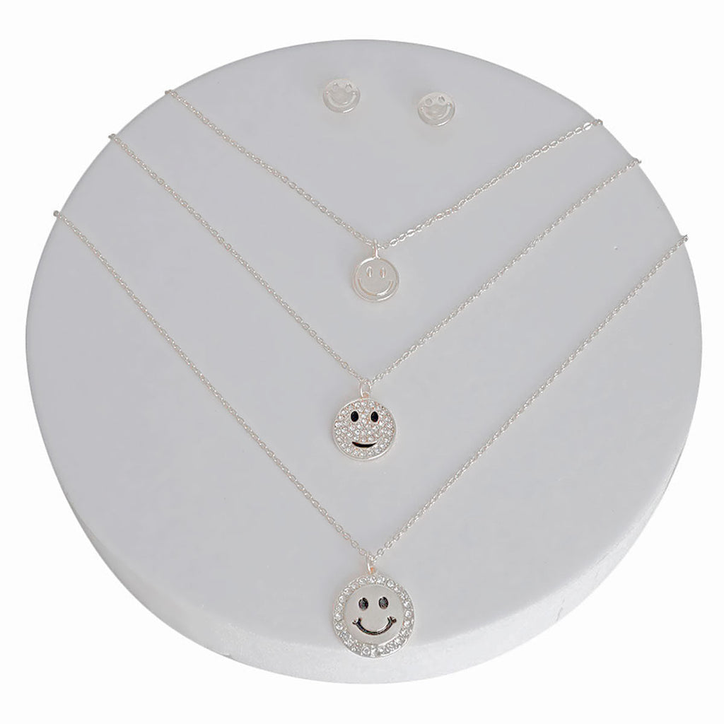 Layered Silver Dainty 3-Layer Bling Smiley Face Necklace Set Stylish Chic