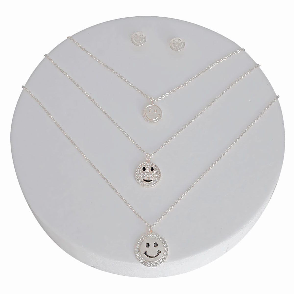 Layered Silver Dainty 3-Layer Bling Smiley Face Necklace Set Stylish Chic