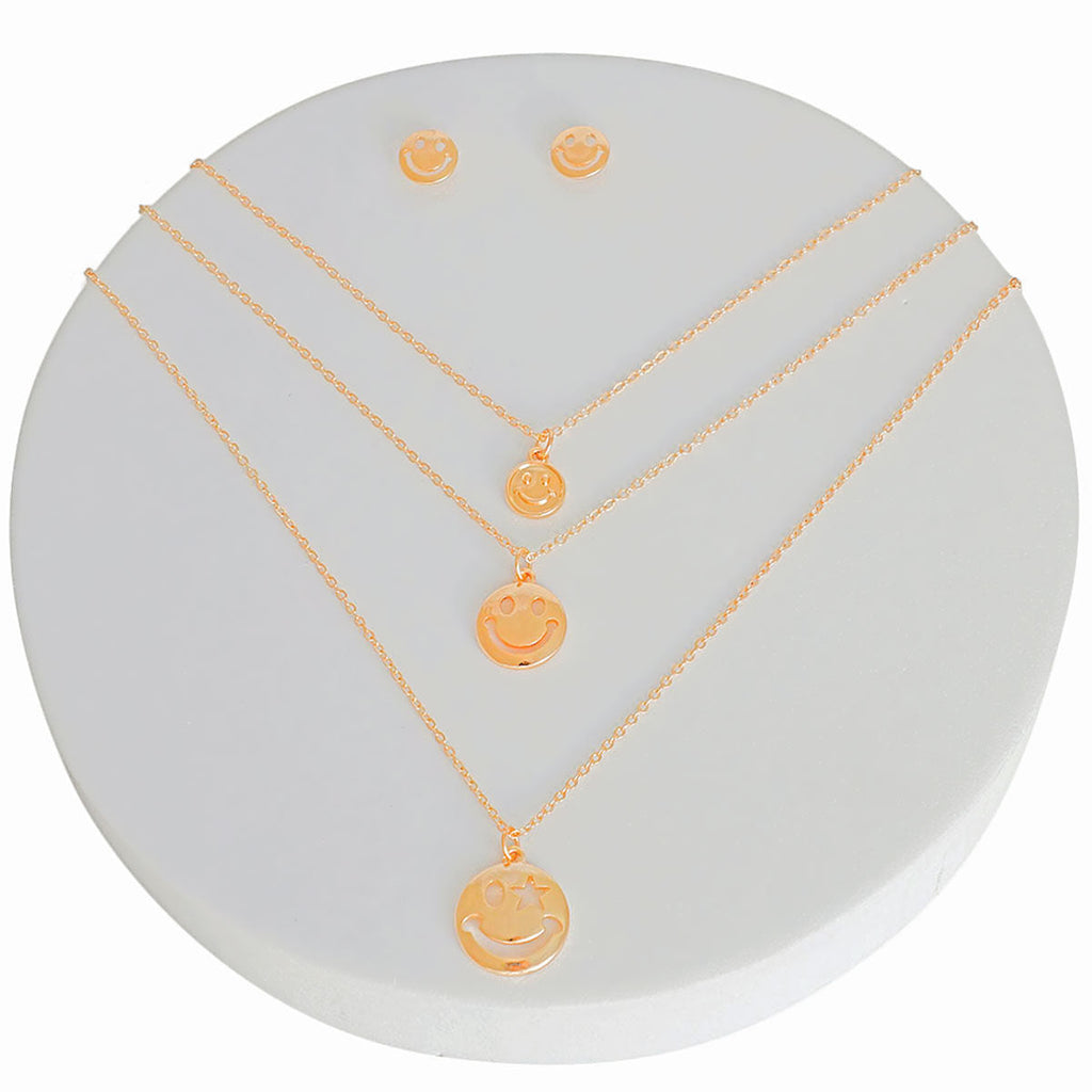 Layered Gold Necklace Set 3-Layer Smiley Face Cutout Trendy Jewelry