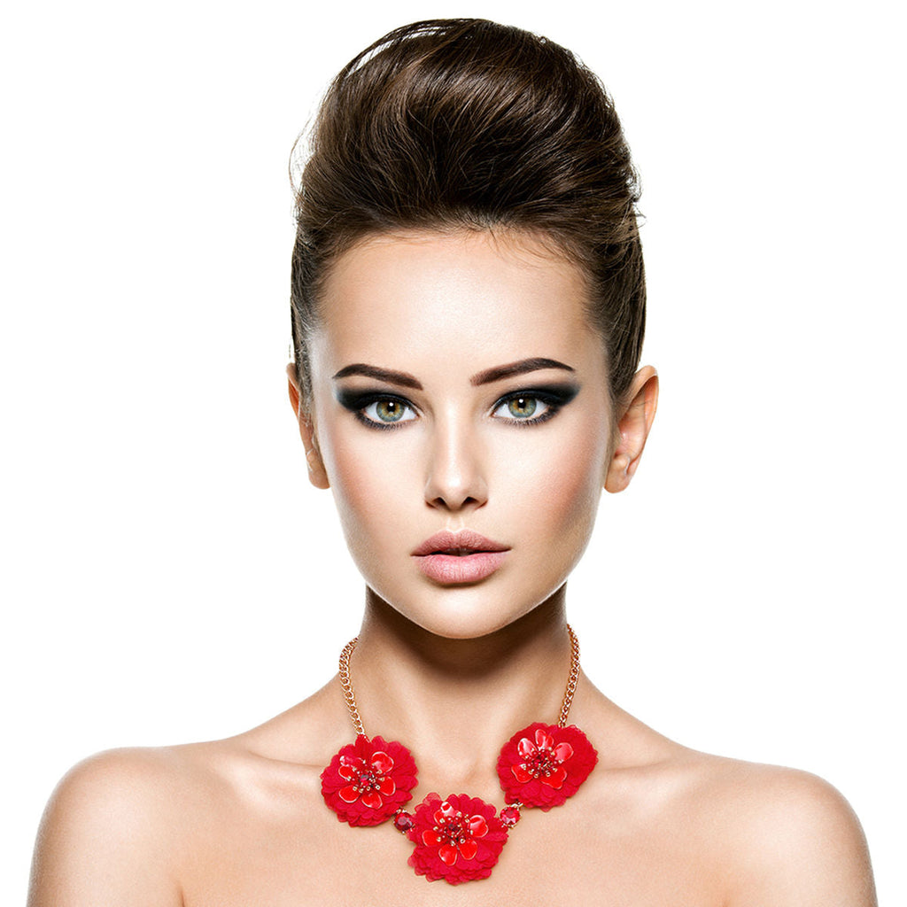 Fabric Flower Necklace Set Wine Color Stylish Statement Jewelry