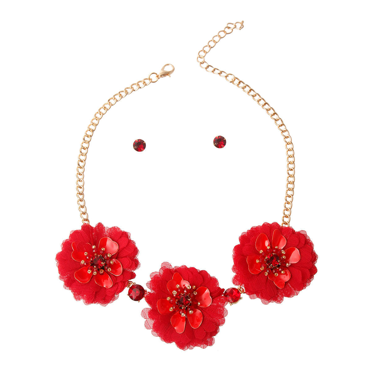 Fabric Flower Necklace Set Wine Color Stylish Statement Jewelry