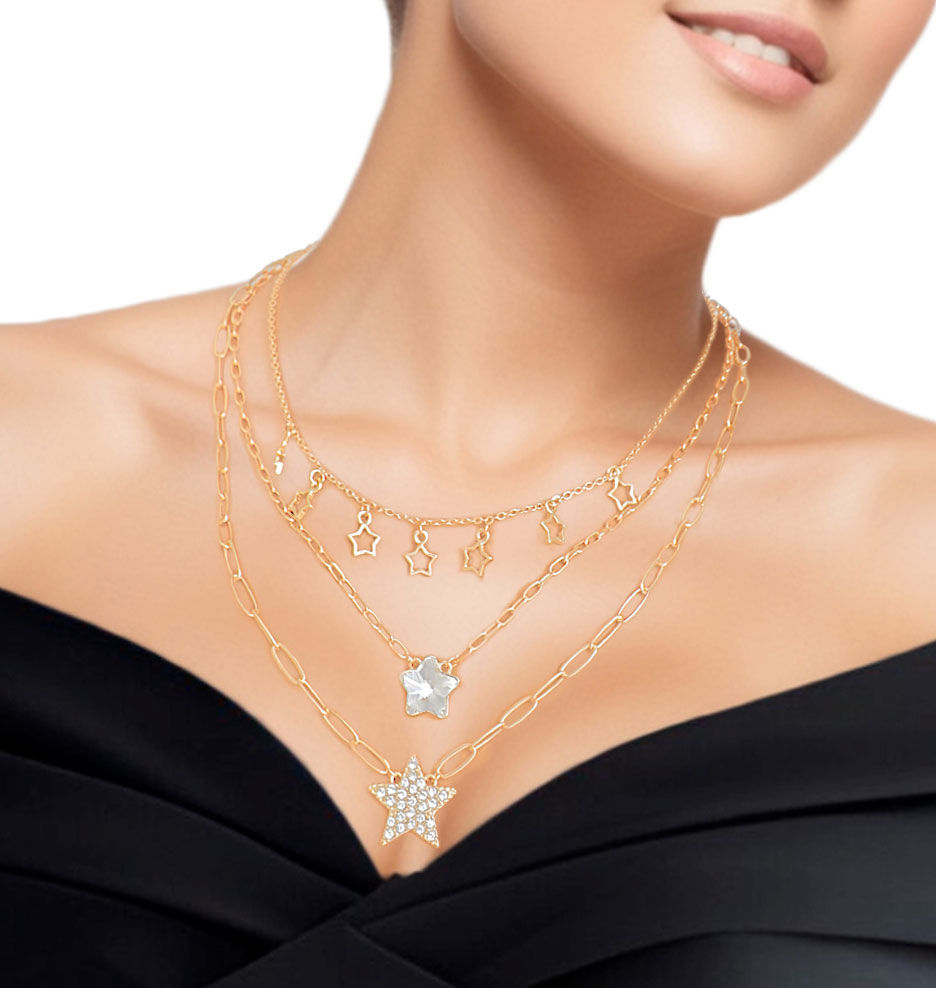 Layered Gold Star Necklace Set 3-Layer Stylish Statement Jewelry