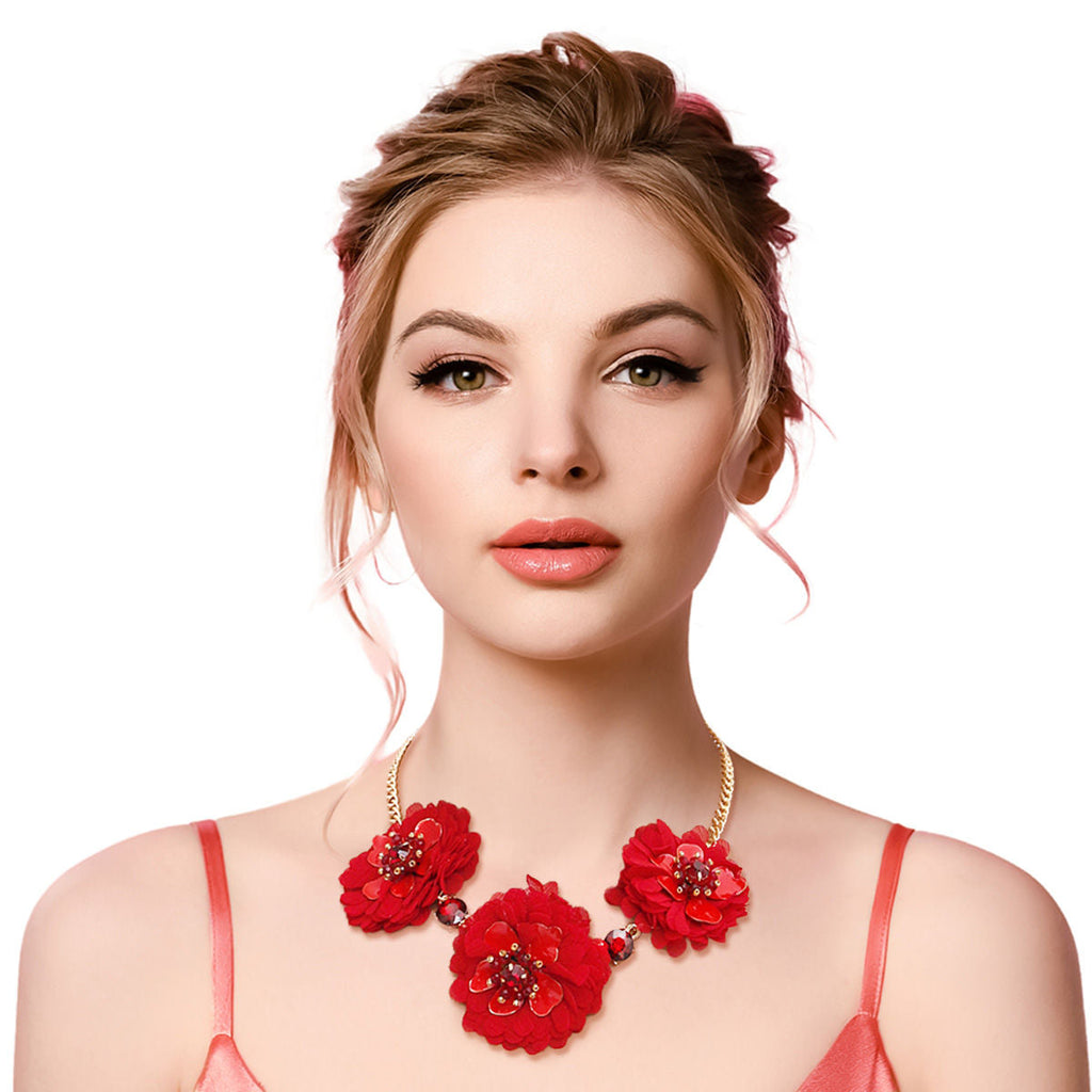 Statement Red Fabric Flower Necklace Set Stylish Chic Jewelry Accessory