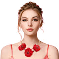 Statement Red Fabric Flower Necklace Set Stylish Chic Jewelry Accessory